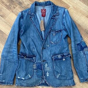 Denim Blazer Jacket with Patch Details - Blue